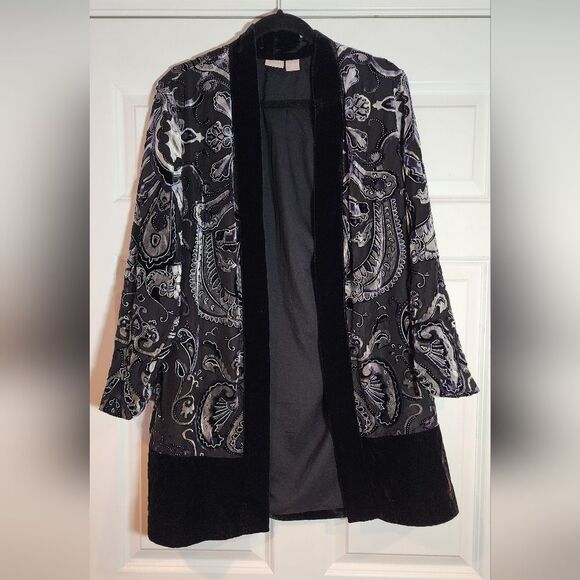 Chicos Travelers Black And Gray Paisley Print Velvet Open Front Long Cardigan M - Picture 1 of 7
